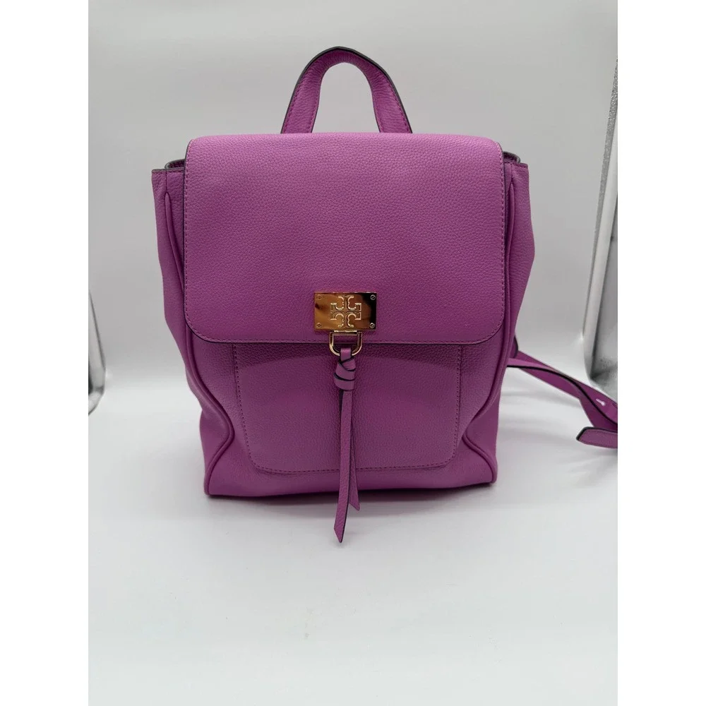 Tory Burch Orchid Purple Pebbled Leather Logo Lock Backpack Bag Gold Hardware